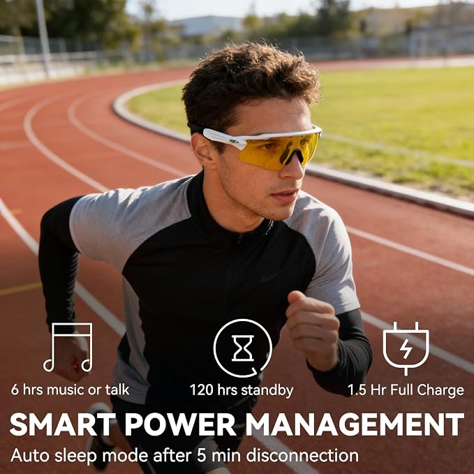 Bluetooth Smart Sunglasses for Men Women, Open-Ear Speaker Glasses with Touch Control, UV400 Polarized Lens, 5-6H Playtime for Outdoor Sports,White and Yellow