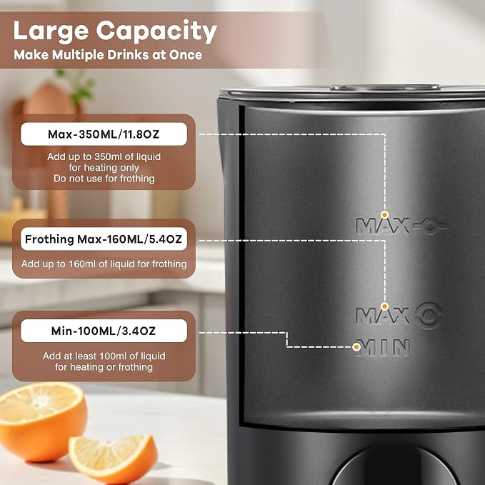 4-in-1 Electric Milk Frother, 350ml/11.8oz Automatic Milk Steamer Machine for Coffee, Hot & Cold Milk Froth Maker for Latte, Cappuccino, Quiet One-Touch Operation, Easy to Clean (Black)