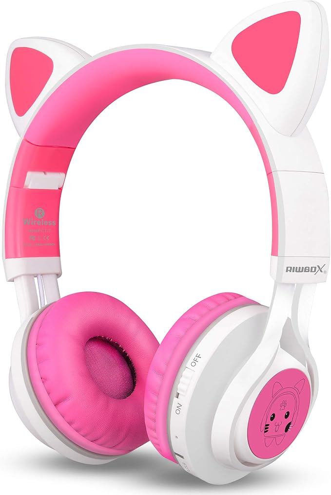 Riwbox CT-7 Cat Ear Bluetooth Headphones, LED Light Up Bluetooth Wireless Over Ear Headphones with Microphone and Volume Control for Travel/School/Smartphones/Laptop/PC/TV (White&Pink)