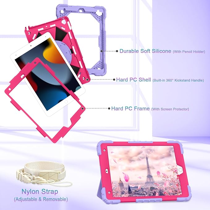 Auizotl Case for iPad 9th/8th/7th Generation 10.2 Inch iPad Case 9th Generation with Screen Protector/Rotate Stand/Pen Holder,Military Grade Shockproof i Pad 9th/8th/7th Gen Cases,Purple Pink