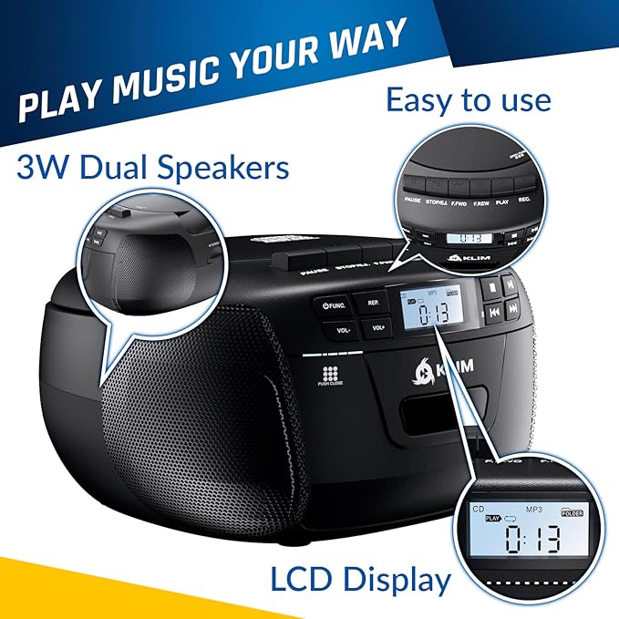 KLIM CD Player & Cassette Tape Player with Case, Bluetooth Boombox, AM/FM Radio, Stereo Sound, Remote, CD and Cassette Combo, Tape Recording, USB Drive, AUX, AC/DC Powered