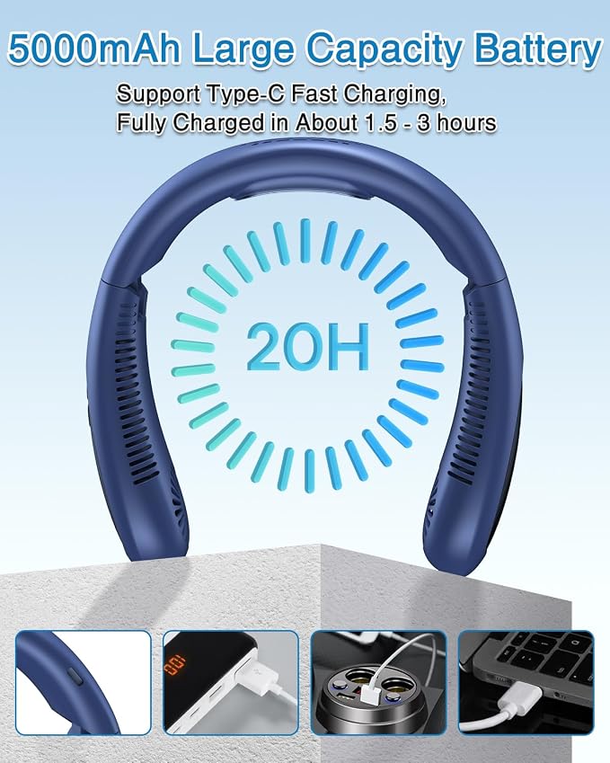 Neck Air Conditioner, Portable Neck Fan with Cooling Plate 360°Cooling Airflow, 5000mah Rechargeable USB Fan Hands Free Bladeless Wearable Foldable Mini Fan for Men Women Home Office Outdoor