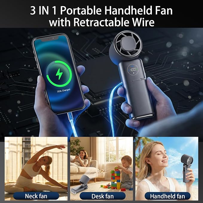 9000mAh Portable Handheld Fan, Rechargeable Travel Fan as Power Bank, 100 Speed Scroll Wheel, Personal Hand Face Fan for Outdoor & Working, Retractable Wire, Extra-Long Battery Life - Dark Grey