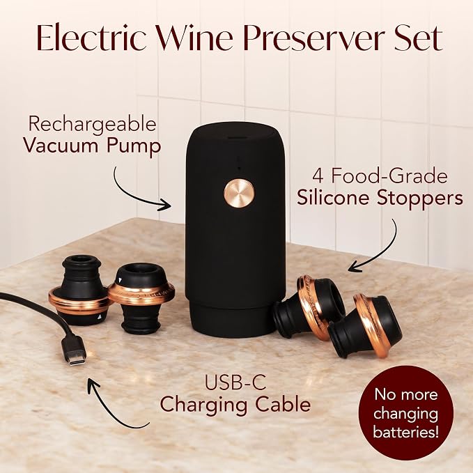 Rechargeable Electric Wine Opener and Electric Wine Preserver with Stoppers Gift Bundle Set (Black & Rose Gold)