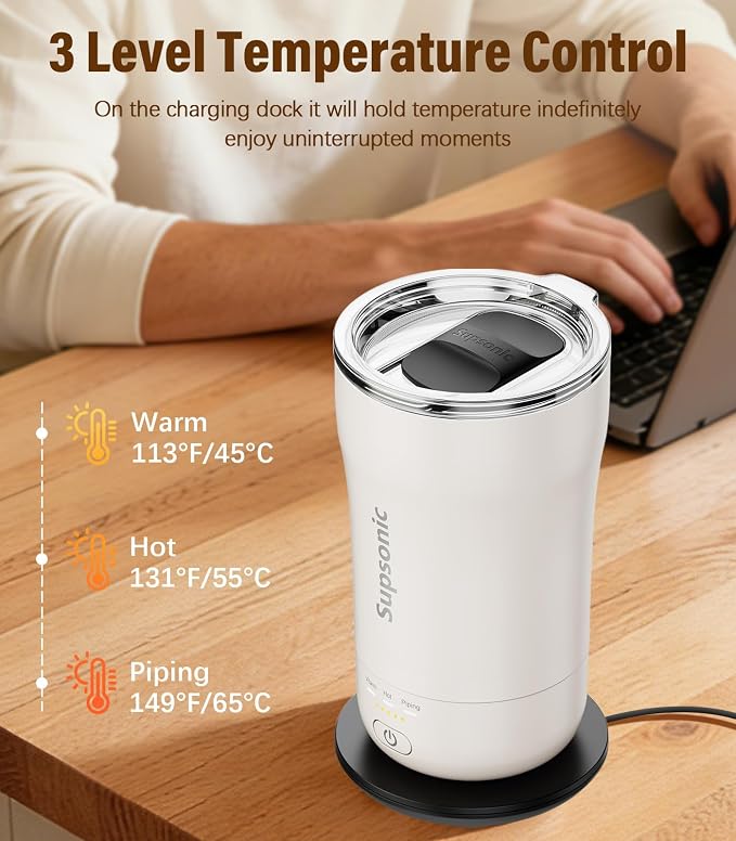 Supsonic - 14oz Heated Coffee Mug, Self-Heating Travel Mug with 3-Temp Settings, Insulated Stainless Steel Constant Temperature Heating Mug for Beverage, Smart Heating Portable Coffee Mug | S1