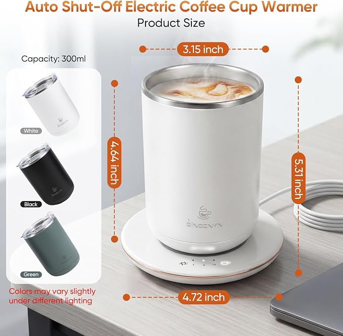 Self Stirring Coffee Mug, Self Heating Coffee Mug, Heated Cup with 3-Level Smart Temperature Control, Auto Shut-Off Electric Coffee Cup Warmer with Detachable Base, Gift for Family Friends (White)