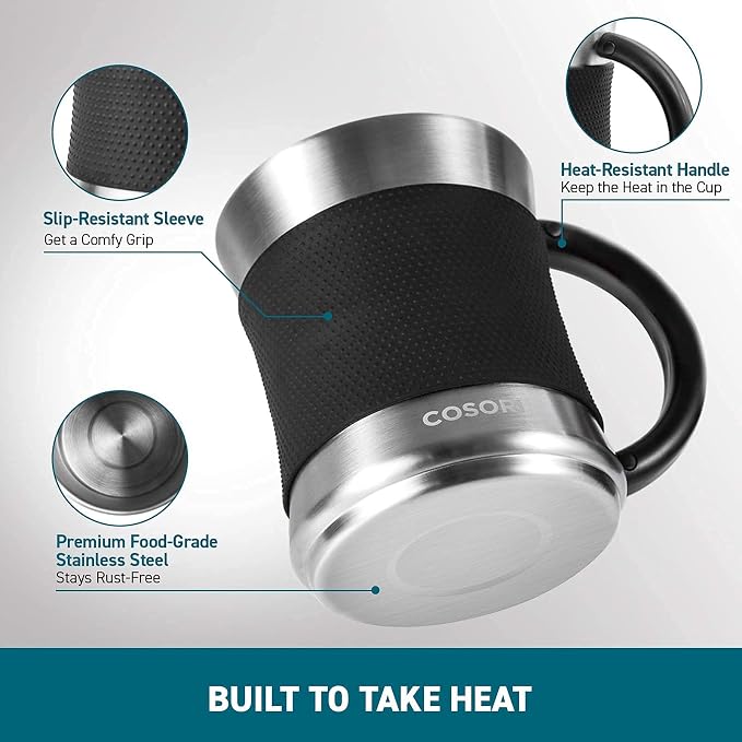 Cosori Coffee Mug Warmer & Mug Set for Desk, Cup Heater, Office, 1°F Precise Temperature Control, Touch Tech & LCD Digital Display (77-194℉), 304 Stainless Steel, Silver/Black