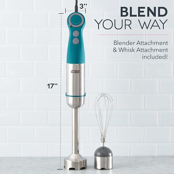 Dash Chef Series Immersion Hand Blender, 5 Speed, 330W Handheld Stick Blender with Whisk Attachment, Stainless Steel Blades for Soups, Sauces, Smoothies & Purées - Teal