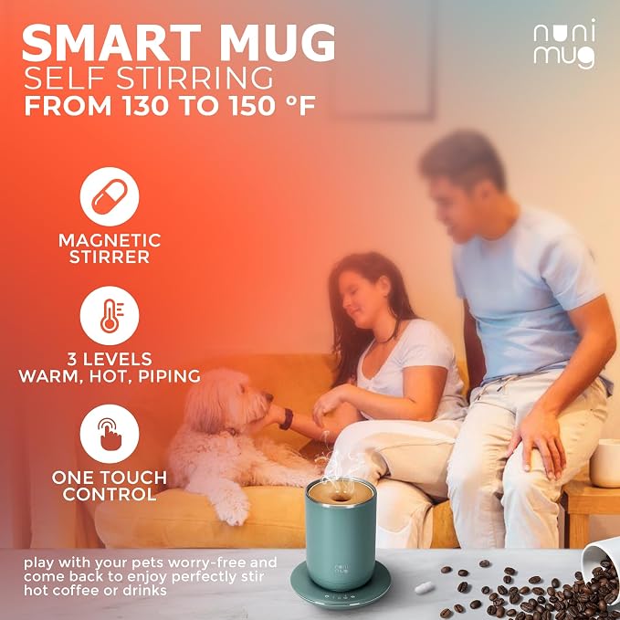 Self Stirring Coffee Mug - 10 Oz No Batteries Smart Dual Function 3 Temperature Levels Control to Stir & Heat Beverages - Powerful 12V Electric Cup in a Gift Box (Green)