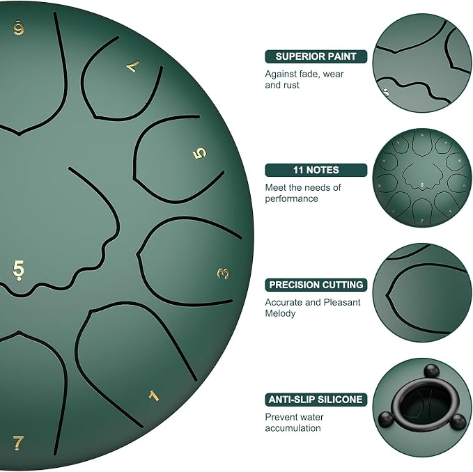 Rain Drum for Outside Garden, 8 Inches 11 Notes Steel Tongue Drum, Waterproof Meditation Rain Chime, Musical Instruments for Adult Gift with Bag, Music Book, Mallets (Green)