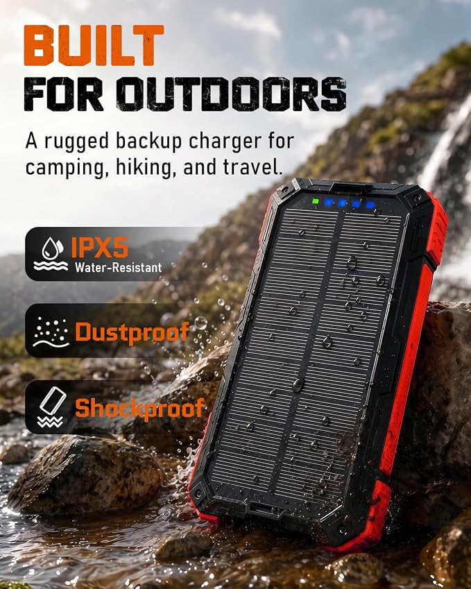 Solar Charger Power Bank - 49800mAh Solar Phone Charger with USB-C in/Output, QC 3.0 Fast Charging with LED Flashlight, Built-in 4 Cables, IP65 Waterproof Fits for Outdoor (Flash Red)