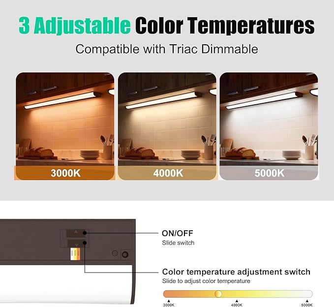 24 Inch LED Under Cabinet Light, Plug in Kitchen Lighting, 3CCT Selectable (3000K/4000K/5000K), CRI94 High Color Accuracy, Linkable, Slim Design Dimmable, Brown