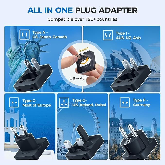 DOACE 2000W Voltage Converter US to Europe for Hair Dryer - 220V to 110V Converter for European Travel, Power Converter Adapter Combo with 2 PD/QC & UK/AU/US/IT/European Travel Plug Adapters