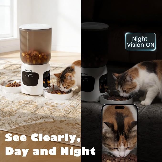 Automatic Cat Feeder for 2 Cats with Camera, Smart Cat Food Dispenser with Dual-Lens Wide-Angle View & Independent Double Bowls, Timed Dog Feeder with App Control, 10s Voice Recorder, 6L