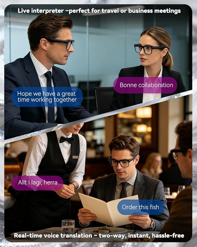 Smart Glasses with Camera, 4K HD Anti-Shake, Real Time Translation, AI Voice Assistant, Object Recognition, Smart Glasses for Women, for Travel/Meetings/Vlog（ Photochromic + Sunglass Lenses）