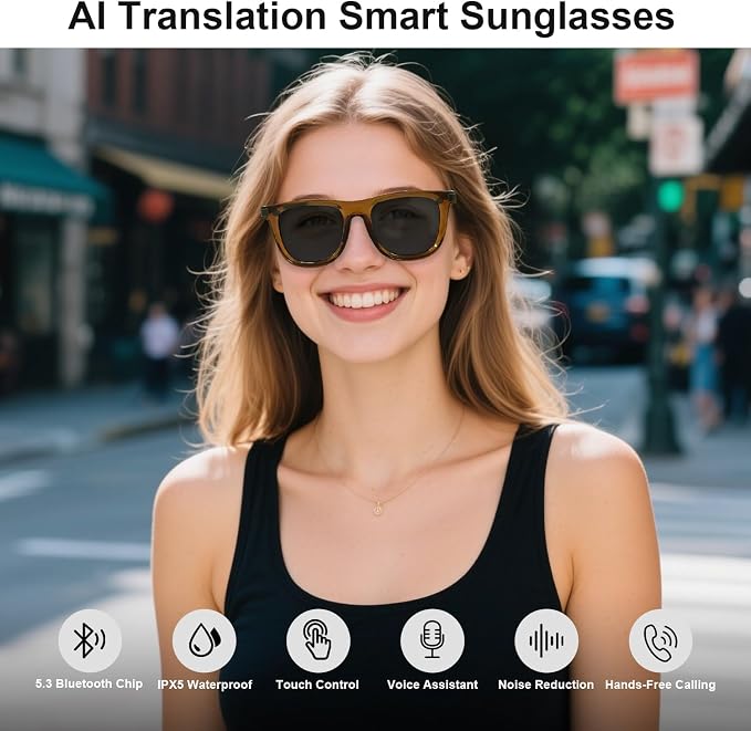 AI Smart Glasses for Men Women – Real-Time Translation Glasses in 165+ Languages, UV400 Polarized Bluetooth Sunglasses with Wear Detection Auto On/Off, Smart Sunglasses for Traveling Relaxing