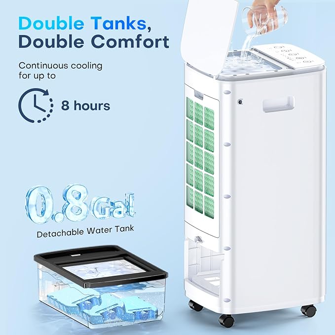 Evaporative Air Cooler, 25 Inch Swamp Cooler Air Conditioner w/Double Tanks, 7H Timer, 16ft Remote, 3 Ice Packs, 70° Oscillation, 3 Speeds & 2 Modes, 60W Portable Windowless Air Conditioner