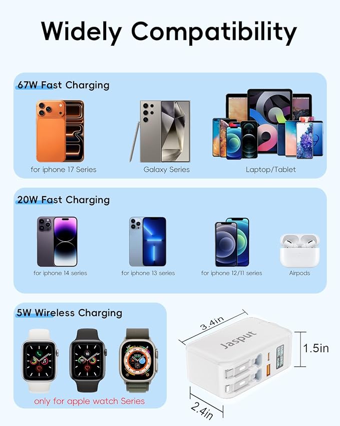 67W Retractable Phone Charger Wall Plug, 5 in 1 Retractable Wall Charger with Watch Charger & USB C & USB A Port, Travel Multiport Charger Block for Apple Watch,iPhone 17 16 15 14,Galaxy,MacBook
