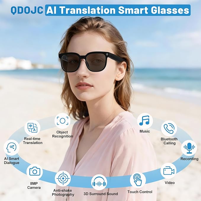 Smart Glasses with Camera, AI Translation Glasses Support 140+ Languages, 1080P Hands-Free Video Recording, IP65 Waterproof Bluetooth Glasses with Voice Assistant for Hiking Vlogging Business