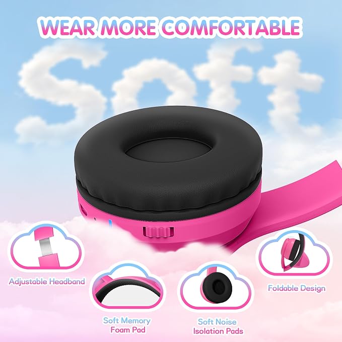 IFECCO Kids Wireless Headphones with Case - Cute LED Light Up Cat Ear,50H Playtime,Safe Volume Limited,Bluetooth 6.0 Kids Girls Headphones for School iPad Tablet Gifts