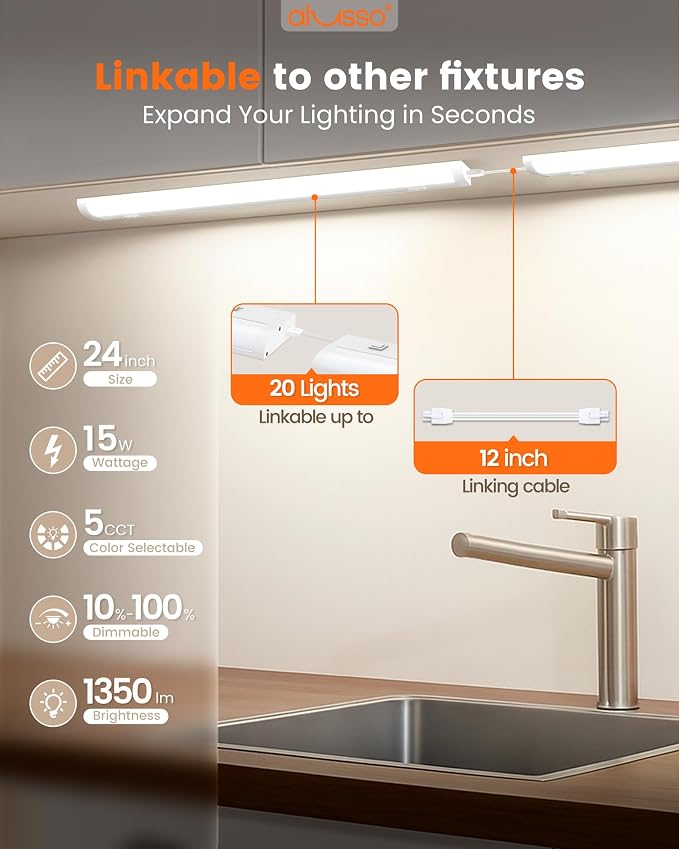ALUSSO 24 Inch LED Under Cabinet Lighting Hardwired & Plug in 120V, 5CCT Color Selectable 2700K-5000K Dimmable 15W 1350LM High Brightness, Strip Linkable Under Counter Lights for Kitchen Sink, 2 Pack