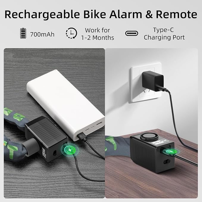 Anti-Theft Bike Alarm Chain Lock,Bike Lock 110dB Security 8mm x 4ft Chain Lock with Key & Remote Control Heavy Duty Steel Rechargeable E-Bike Scooter Bike Lock (Storage Bag Included) (Green)