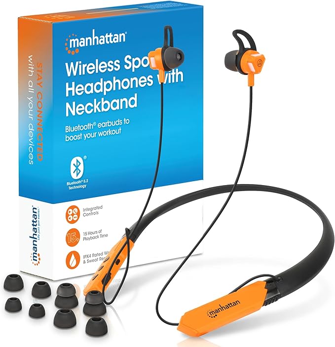 MANHATTAN Bluetooth Wireless Neckband Headphones — Work Earbud Earphones with 15H Playtime, Noise-Isolating, IPX4 Water Resistant, Built-in Mic – for Work, Music, Calls (Black/Orange)
