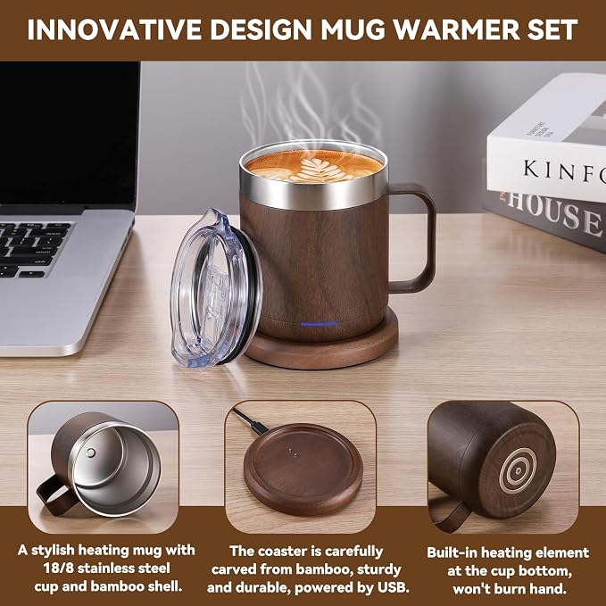 Gifts for Women Men, Heated Coffee Mug Up to 149°F, Ideal Gifts for Christmas, Birthday, Mother's Day, Father's Day or Any Occasion (12oz Wood)