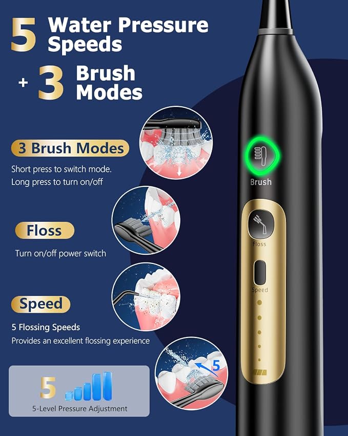 Electric Toothbrush with Water Flosser Combo, Professional Oral Care with 3 Brush Modes & 5 Water Pressure, Rechargeable Flossing Toothbrush for Adults Teeth Cleaning, Cordless for Home&Travel, Black