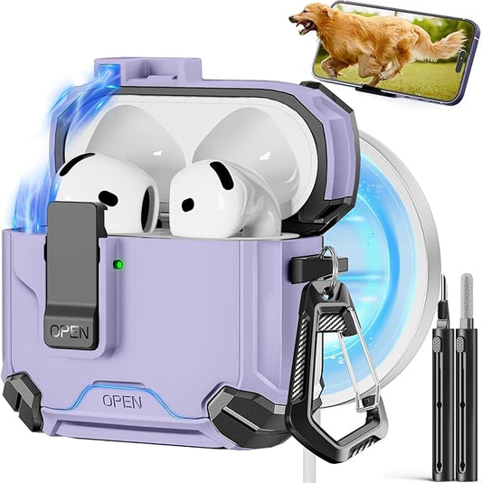Pohgelan Compatible with AirPods 4 Case,Magnetic Automatic Lock with Phone Stand & Cleaning Kit,Compatible with Magsafe Cover -Purple