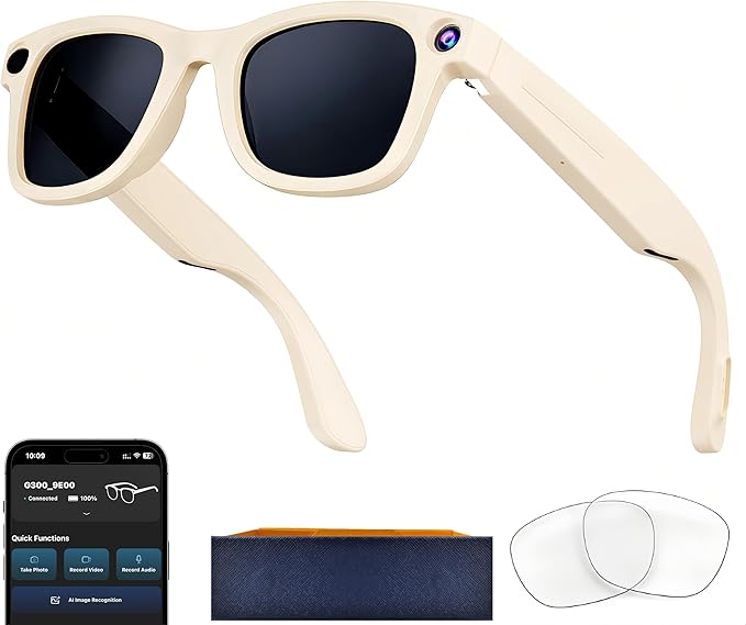 AI Smart Glasses with Camera, 8MP HD Camera Glasses for Men,Women, AI Recording Glasses with Voice Assistant,Open-Ear Audio,Real-Time Translation,Video Recording Sunglasses for Life & Work Vlog(White)