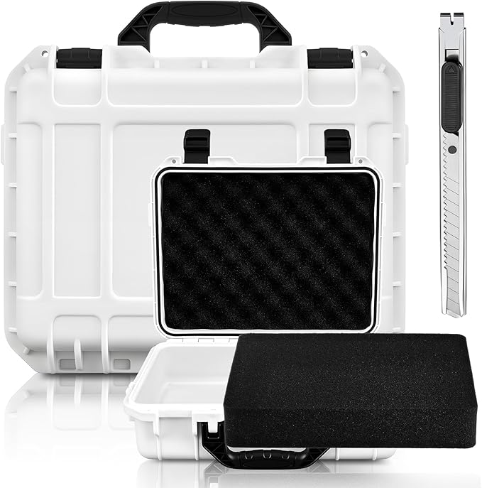 Relaxweex 1 Pcs Waterproof Hard Case with DIY Customizable Foam Insert Portable Protective Case with Knife for Camera Drones Equipments Tools Test Instruments(White,16.3 x 12.4 x 6.5 Inch)