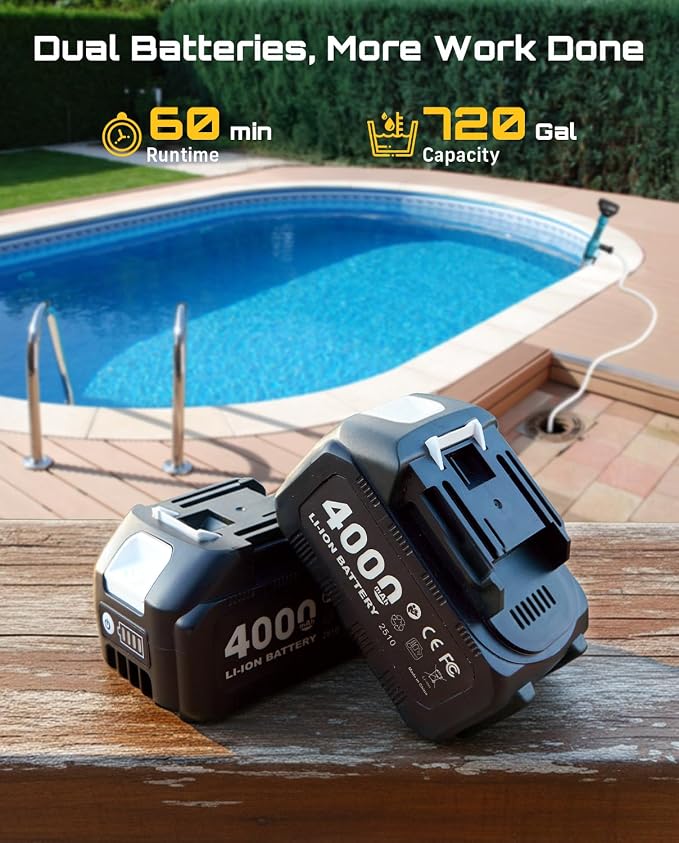 SEESII Cordless Stick Water Pump 2.2" Head, Battery Powered Diesel Transfer Pump 1-Hour Runtime, 720GPH & 16FT Lift Portable Submersible Utility Pump for Pool Garden Pond Boat Basement RV Rain Barrels