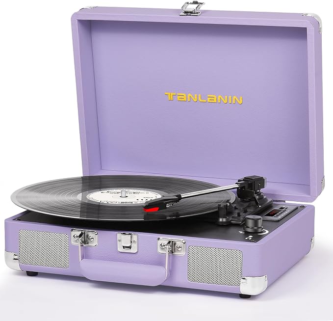 Vinyl Record Player with Built-in Speakers Vintage 3-Speed Portable Suitcase Bluetooth Turntables with USB Recording Belt-Driven LP Player Support AUX/RCA/Headphone Jack, Purple Leather