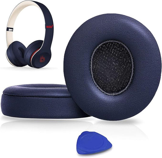 SoloWIT Earpads Cushions Replacement for Beats Solo 2 & Solo 3 Wireless On-Ear Headphones, Solo2 Solo3 Ear Pads with Soft Protein Leather, Added Thickness - Navy Blue