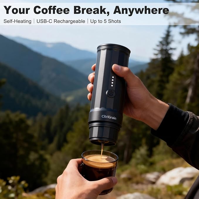 Portable Espresso Machine, Self-Heating Travel Coffee Maker with Fast Charging USB-C & Carrying Bag & Stand, for Ground Coffee & NS Capsules, for Camping, Hiking, RV, Office