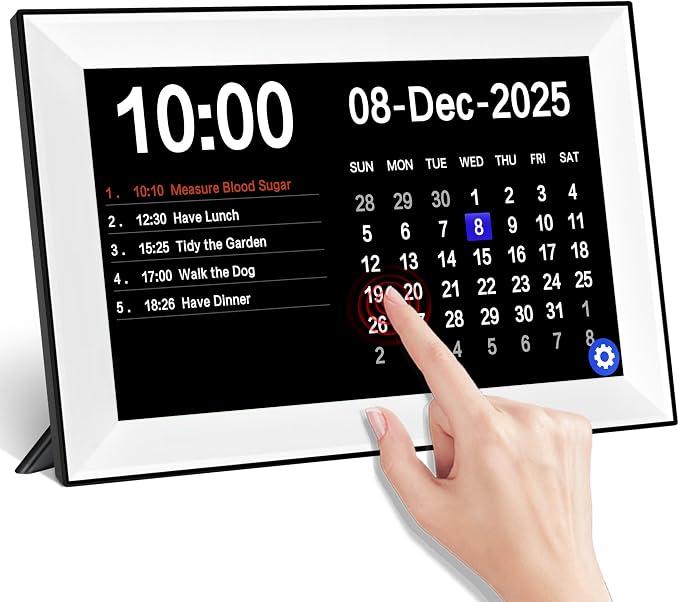 10.1" Touchscreen Digital Calendar Alarm Clock, Dementia Clocks for Seniors Extra Large Display Clock with Day and Date for Elderly, 40 Reminders&64 Alarms&Auto-Dimming&Auto DST(White)