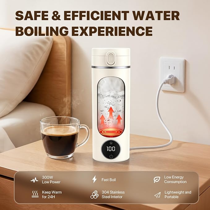 Portable Travel Tea Kettle,6 Preset Temp Plug-in Keep Warm,15 OZ 304 Stainless Steel,Electric Small Hot Water Boiler,Auto Shutoff&Boil Dry Protection,Mini Kettle for Coffee,Tea,Hotel RV Travel,Beige