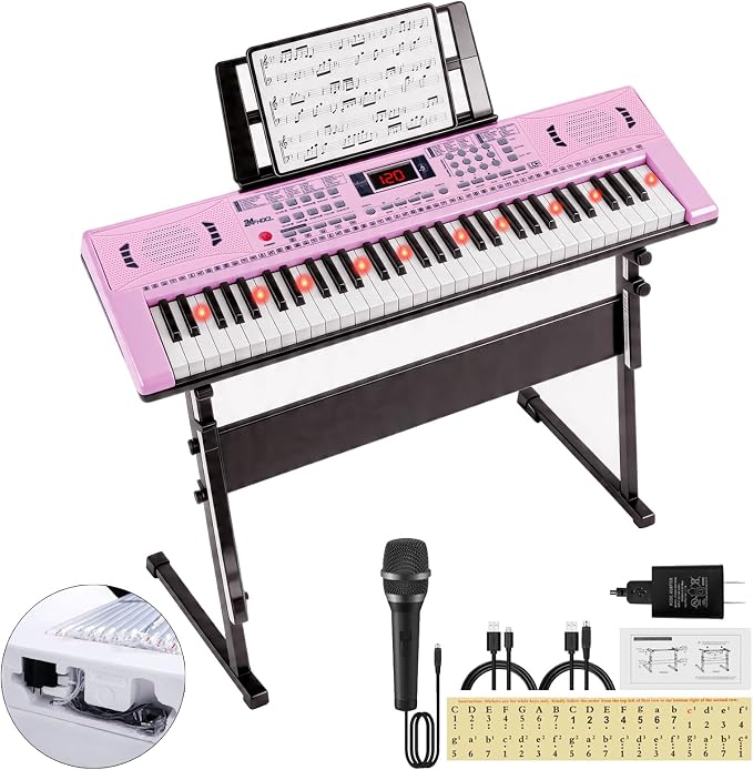 Keyboard Piano 61 Lighted Keys, Electric Keyboard Kit with 100 Voices, 100 Rhythms - Built-In Speaker, Microphone, Sheet Stand and Power Supply, Gift for Children Beginners [Pink, Piano with Stand]