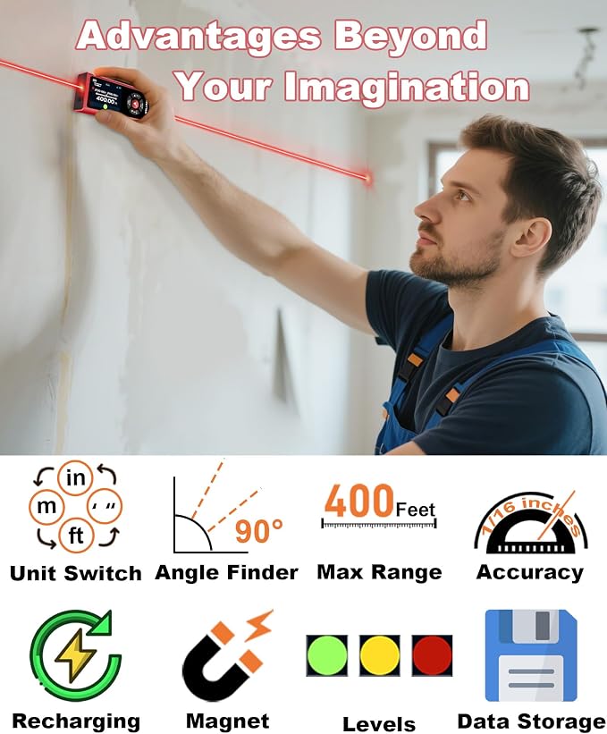 Dual Laser Measuring Tool 400Ft, Rechargeable Laser Measure Tool with Long-Lasting Battery, Laser Distance Meters with ±1/16" Accuracy, Laser Measurement Tool with Bubble Level for DIY Home Indoor