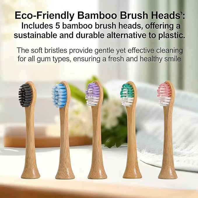 Oscillating Ultrasonic Electric Toothbrush with Bamboo Brush Heads (5 Pack), Sweeping & Vibrating,Type-C Rechargeable, IPX7 Waterproof, 4 Modes for Optimal Oral Care - Perfect Holiday Gift