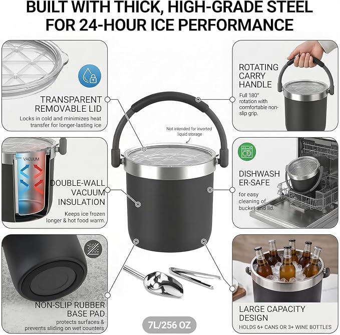 256 oz / 7L Insulated Ice Bucket with Lid and Handle, Stainless Steel Beverage Bucket for Beer, Wine & Champagne, Double Wall Vacuum Cooler for Parties, Patio & Outdoor Entertaining