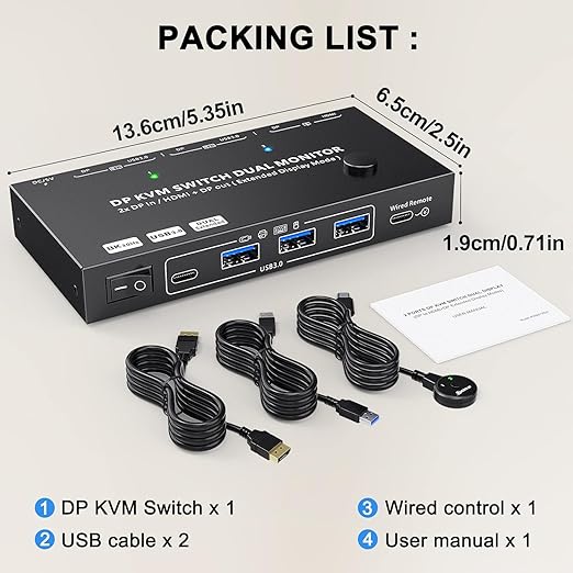 MST Displayport Splitter Dual Monitor KVM Switch 2 Monitors 2 Computers 1 DP in 2 Screens Out (DP&HDMI) Support Max Single 8K@30Hz/Dual 4K@100Hz USB 3.0 KVM Switches with Wired Remote Controller