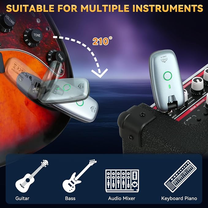 EASTROCK Wireless Guitar System, Guitar Transmitter & Receiver for Electric Guitar, Bass, Keyboard & More Instruments, 7-Channel Rechargeable, 6H Battery, 1/4” & 1/8” Plugs, Blue