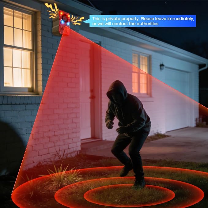 Upgraded Solar Motion Sensor Alarm Outdoor, Radar + IR Dual Detection, 130dB Dog Bark & Strobe Light to Deter Deer, 10 Sounds Available, IP65 Waterproof Motion Detector for Garden Yard Farm