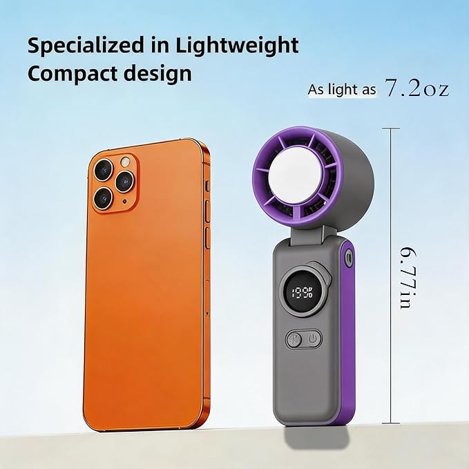Portable Handheld Turbo Ice Fan,with Semiconductor Cooling-6000mAh Rechargeable 3-in-1 Mini Fans (Hand/Neck/Desk),199 High Speed/26550 RPM,LED Display Quiet Fan for Travel,Beach,Home,Outdoor (Purple)