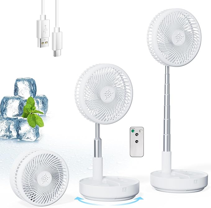 Portable Oscillating Rechargeable Fan, Battery Operated with 4 Speed Settings & Remote Control, Desk Travel Fan for Sleeping, Camping, Cruise, RV - White 8" USB C