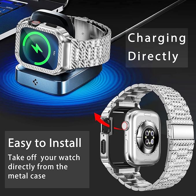 MioHHR Stainless Steel Band and Case Compatible with Apple Watch Band 41mm 40mm 38mm, Men Metal Protective Bumper Cover for iWatch Series 9/8/7/6/5/4/3/2/1/SE/SE2/SE3, Black