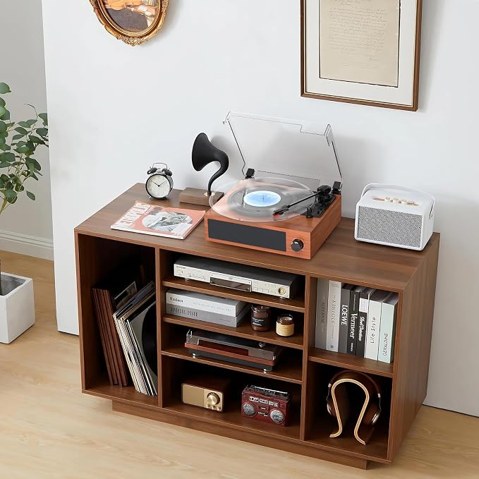 Vintage Record Player with Built-in Stereo Speakers Turntable Vinyls Records LP Phonograph Belt Drive 3 Speed 3 Size Support Wireless Input RCA Output Auto Stop Retro Wooden Walnut Red
