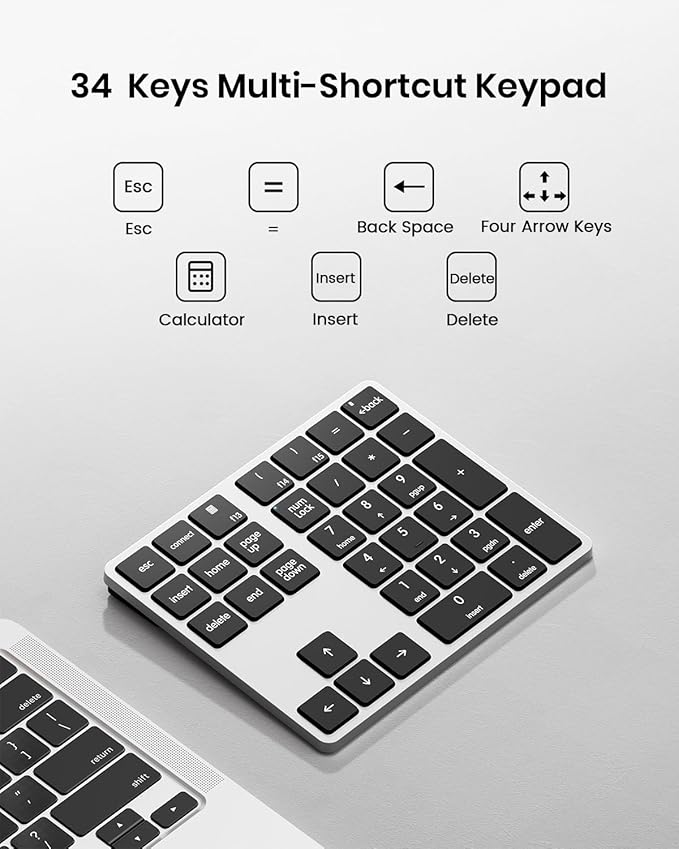 Kisnt KN300BT Bluetooth Number Pad for Laptop, 34- Key Wireless Rechargeable Numeric Keypad Portable External Numpad for MacBook, Tablets, Mac, iOS, Android, Windows PC